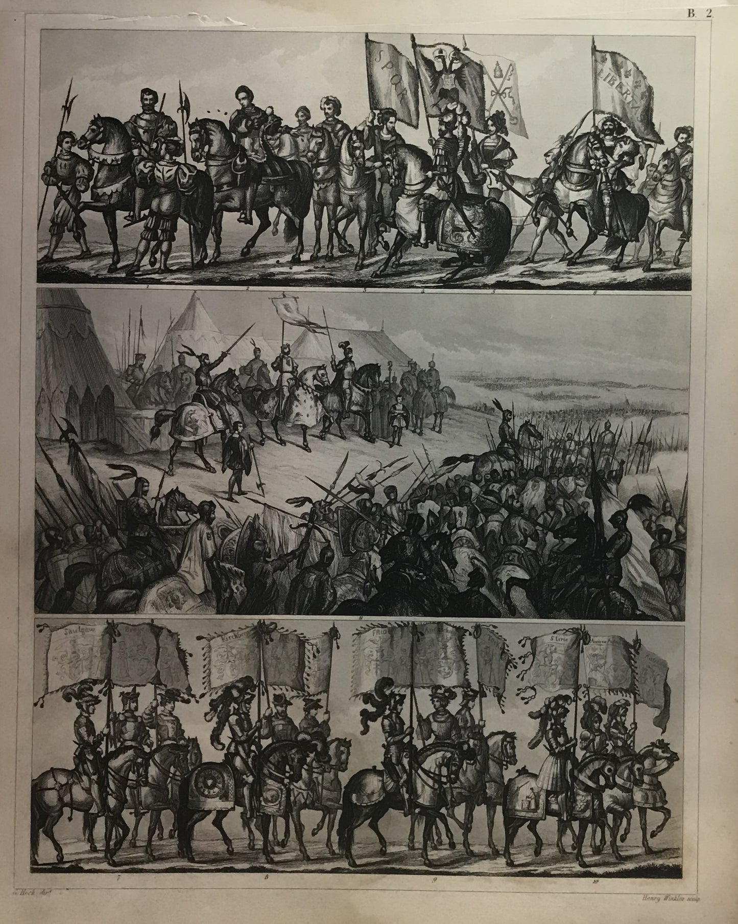 Iconographic Engravings – The Fine Arts (1851) Military Engraving of Medieval Cavalry and Battle Formations - Historical Procession and War Scene