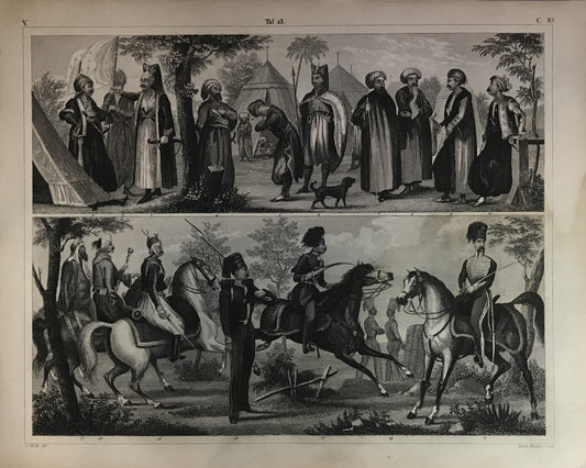 Iconographic Engravings – The Fine Arts (1851)  features two distinct scenes that showcase cross-cultural interactions, likely from the 19th century