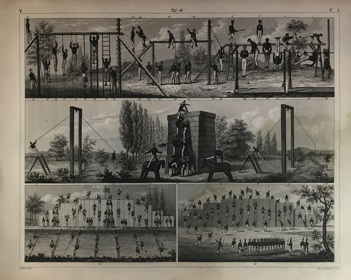 Iconographic Engravings – The Fine Arts (1851) Military Training &amp; Obstacle Course Engraving by Henry Winkles – 19th Century Physical Training