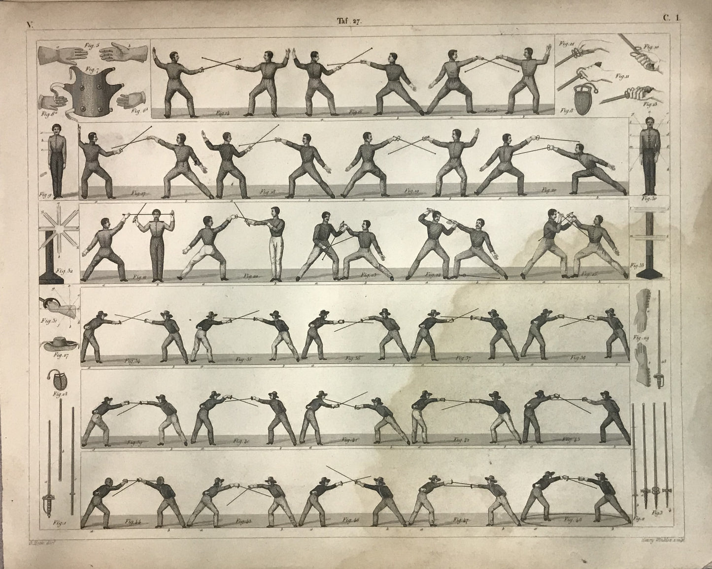 Iconographic Engravings – The Fine Arts (1851) Military Fencing Technique Engraving by Henry Winkles – 19th Century Martial Arts Training