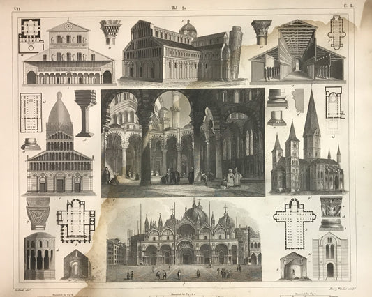 Iconographic Engravings – The Fine Arts (1851)  St. Mark’s Basilica &amp; Medieval Church Architecture Engraving by Henry Winkles – 19th Century