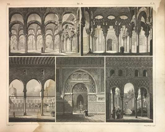 Iconographic Engravings – The Fine Arts (1851) Moorish Architecture Engraving   Alhambra &amp; Great Mosque of Córdoba