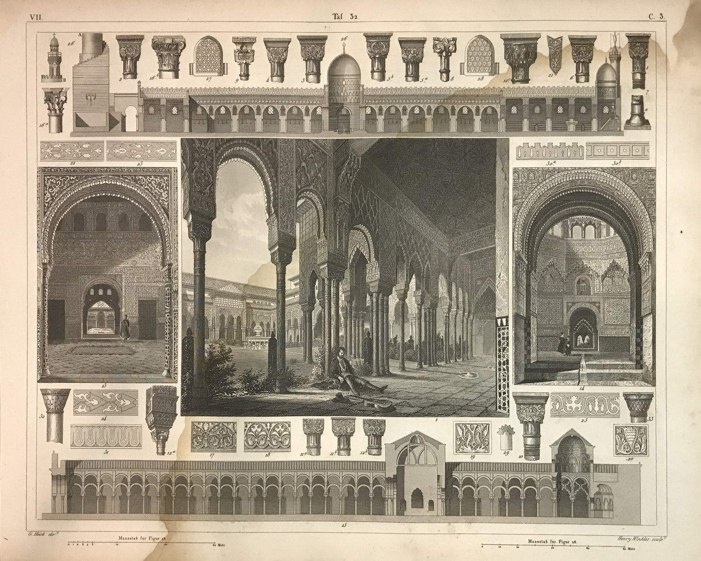 Iconographic Engravings – The Fine Arts (1851) Alhambra Architecture Engraving by Henry Winkles – 19th Century Moorish