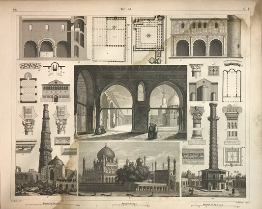 Iconographic Engravings – The Fine Arts (1851) Islamic &amp; Mughal Architecture Engraving by Henry Winkles – 19th Century Qutb Minar & Indian Monuments