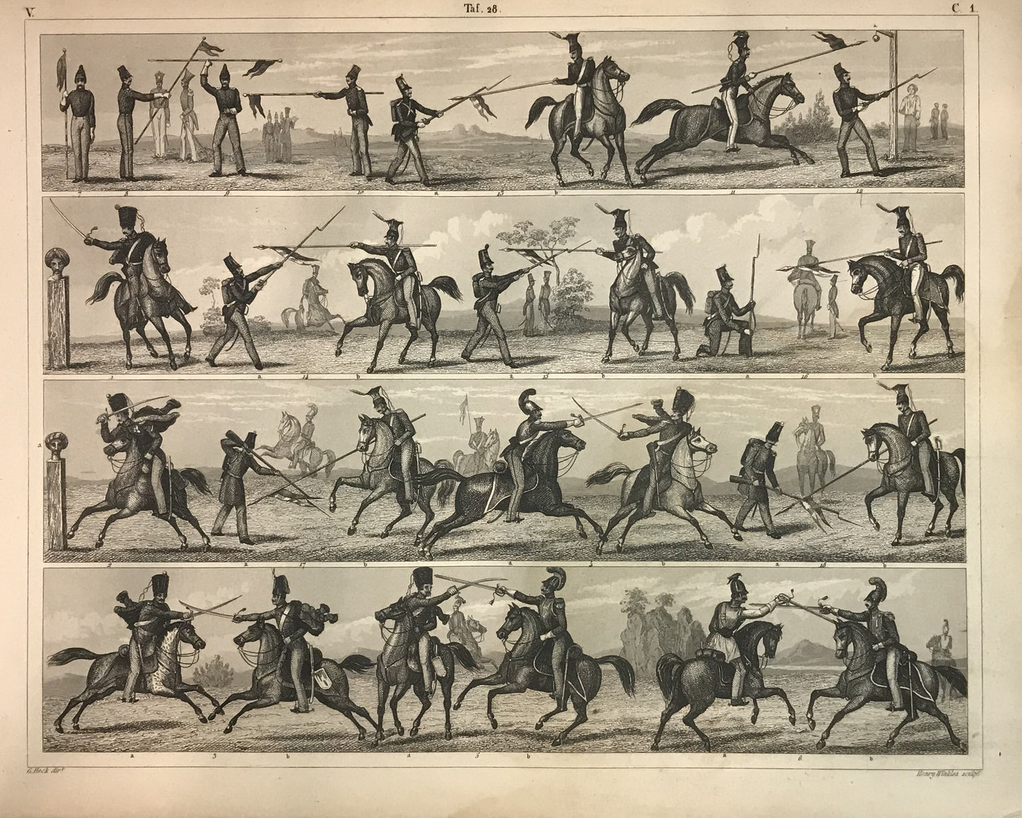 Iconographic Engravings – The Fine Arts (1851) Antique Cavalry Training Engraving by Henry Winkles – 19th Century Military Combat Techniques