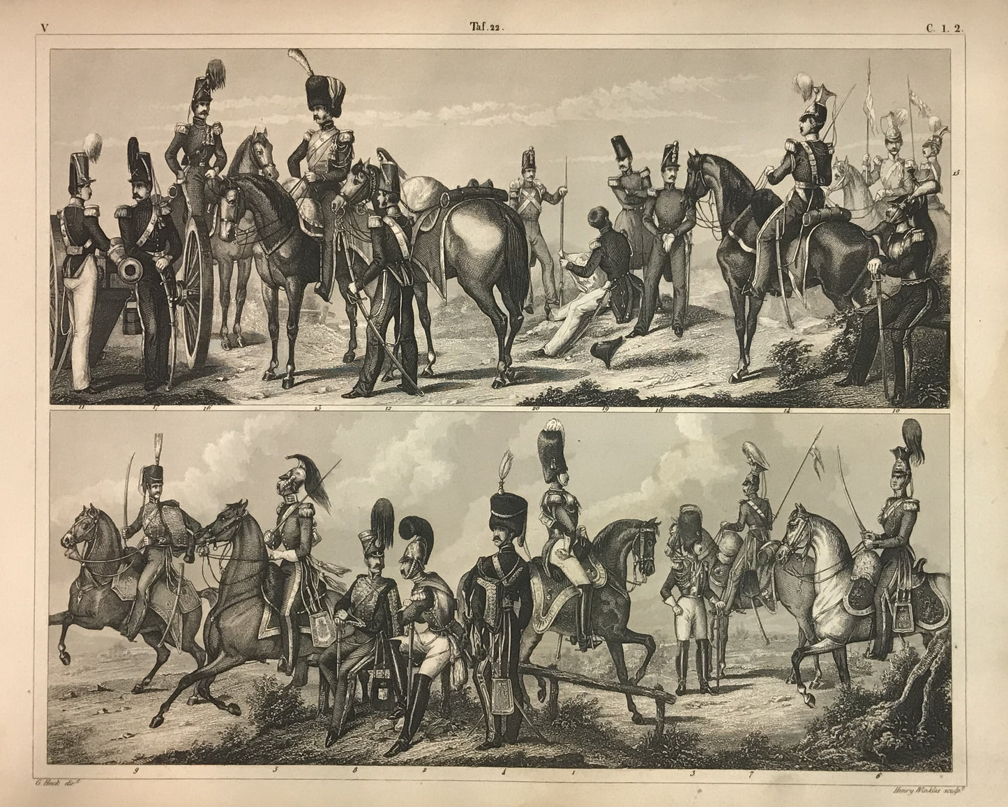 Iconographic Engravings – The Fine Arts (1851) depicts a scene featuring military officers and soldiers on horseback, likely from the Napoleonic era or early 19th century