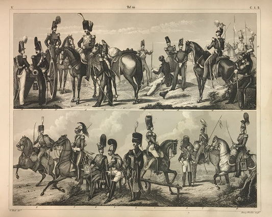 Iconographic Engravings – The Fine Arts (1851) depicts a scene featuring military officers and soldiers on horseback, likely from the Napoleonic era or early 19th century