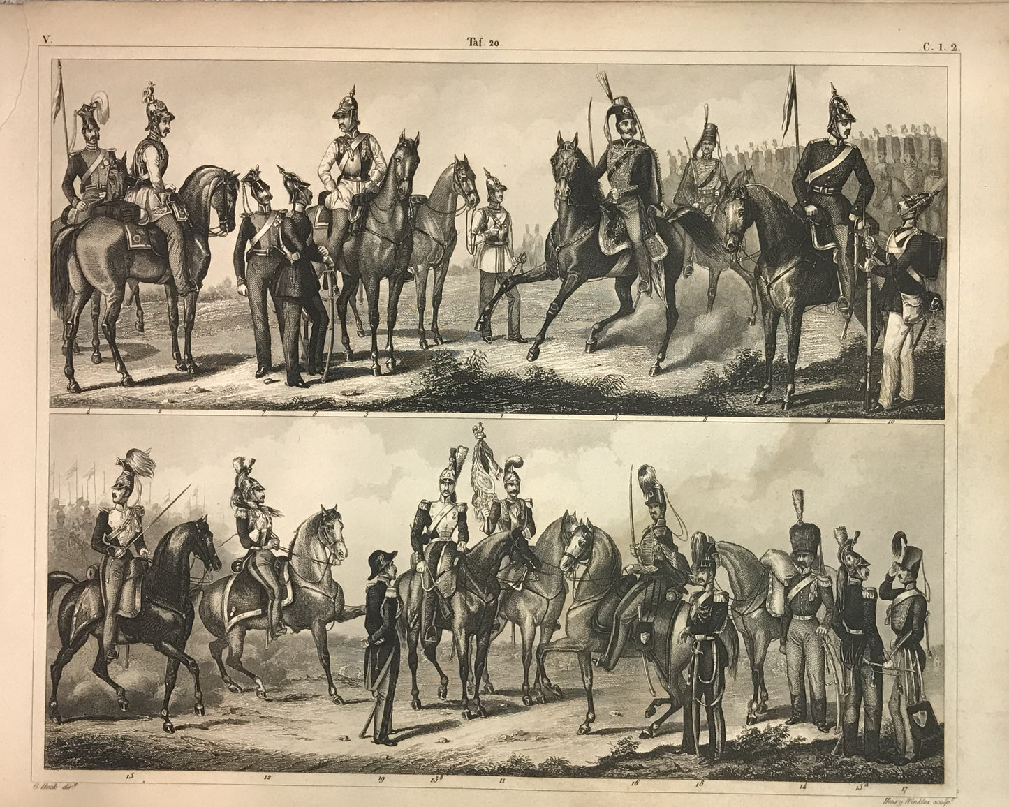 Iconographic Engravings – The Fine Arts (1851) Military Cavalry Illustration – 19th Century Engraving of European Cavalry Officers and Soldiers