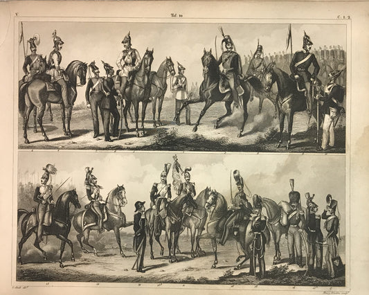 Iconographic Engravings – The Fine Arts (1851) Military Cavalry Illustration – 19th Century Engraving of European Cavalry Officers and Soldiers