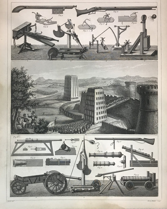 Iconographic Engravings – The Fine Arts (1851) Antique Siege Warfare and Artillery Engraving – 19th Century Historical Weapons Print