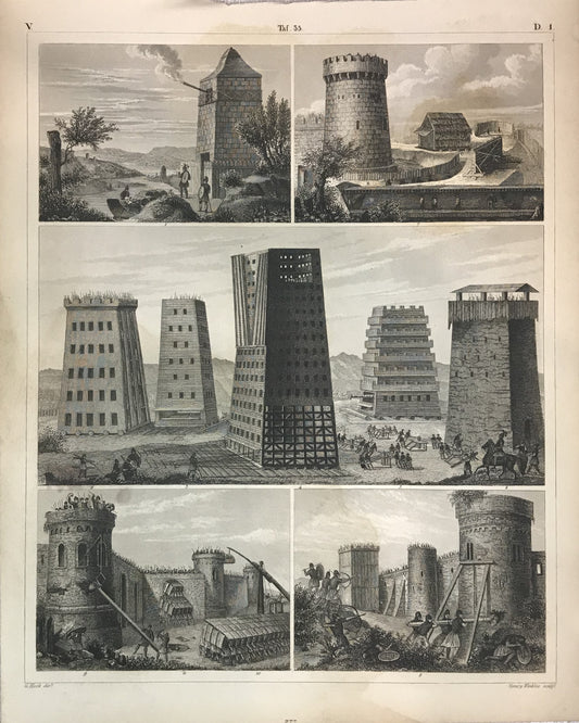 Iconographic Engravings – The Fine Arts (1851) Antique Siege Warfare Engraving – 19th Century Siege Towers & Fortifications Print