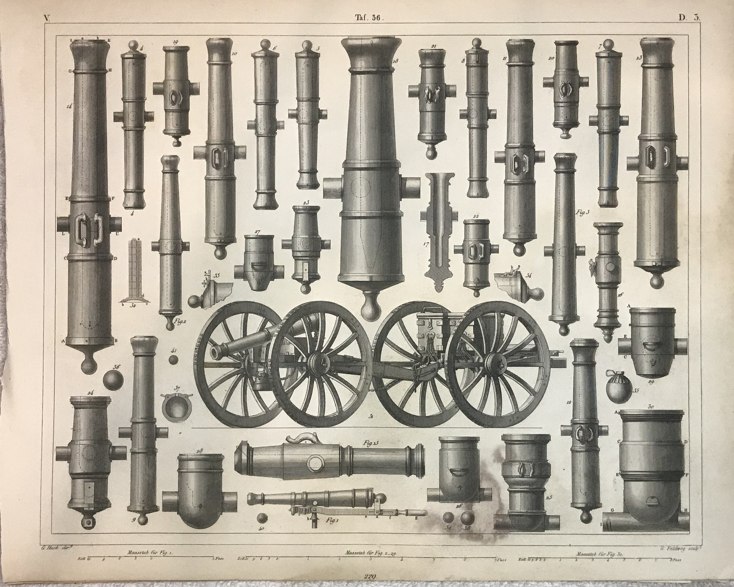 Iconographic Engravings – The Fine Arts (1851) Artillery Blueprint Engraving – Detailed 19th Century Cannons and Mortars Illustration