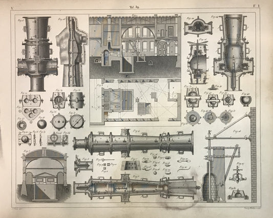 Iconographic Engravings – The Fine Arts (1851) 19th Century Industrial Engineering Engraving - Steam Engine and Mechanical Components