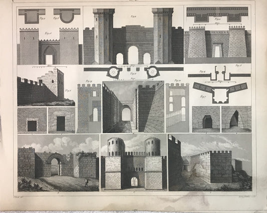 Iconographic Engravings – The Fine Arts (1851)  Architectural Engraving Print of Fortified Walls and Towers – Detailed Historical Architectural Study