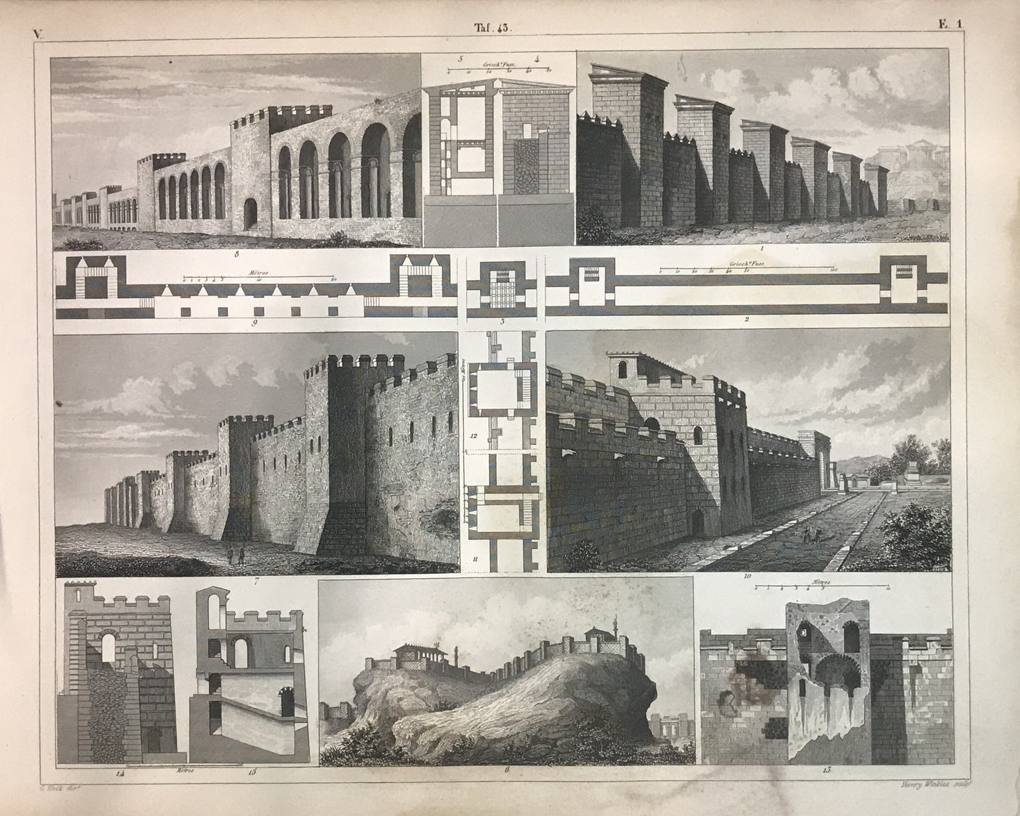 Iconographic Engravings – The Fine Arts (1851) Architectural Engraving of Classical Fortified Walls and Towers - 19th Century Historical