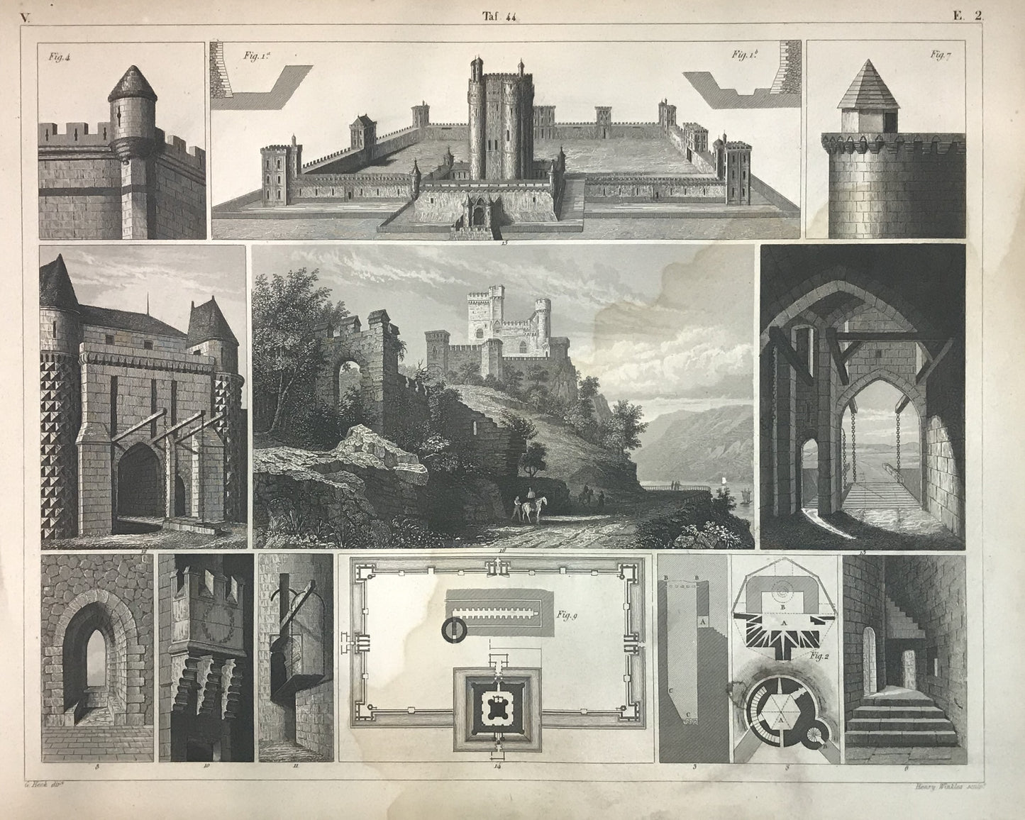 Iconographic Engravings – The Fine Arts (1851) Castle Fortification Engraving by Henry Winkles – Medieval Architecture Study