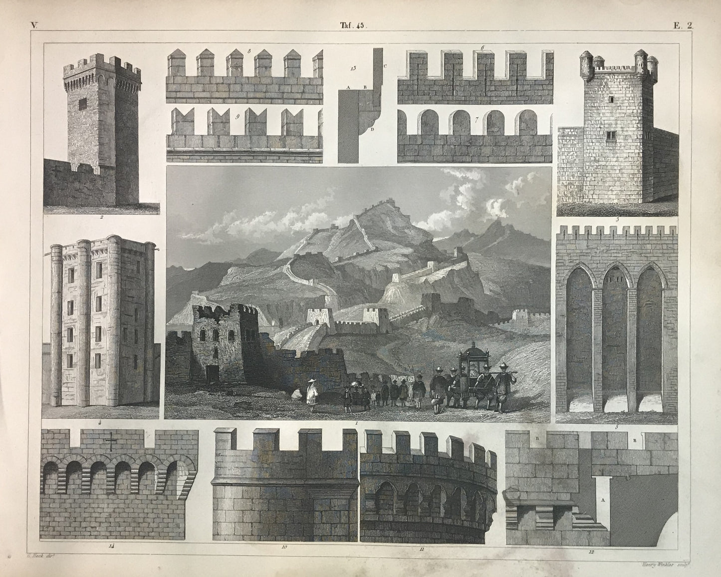 Iconographic Engravings – The Fine Arts (1851) Fortified Walls &amp; Tower Engraving by Henry Winkles – Great Wall &amp; Medieval Battlements Study