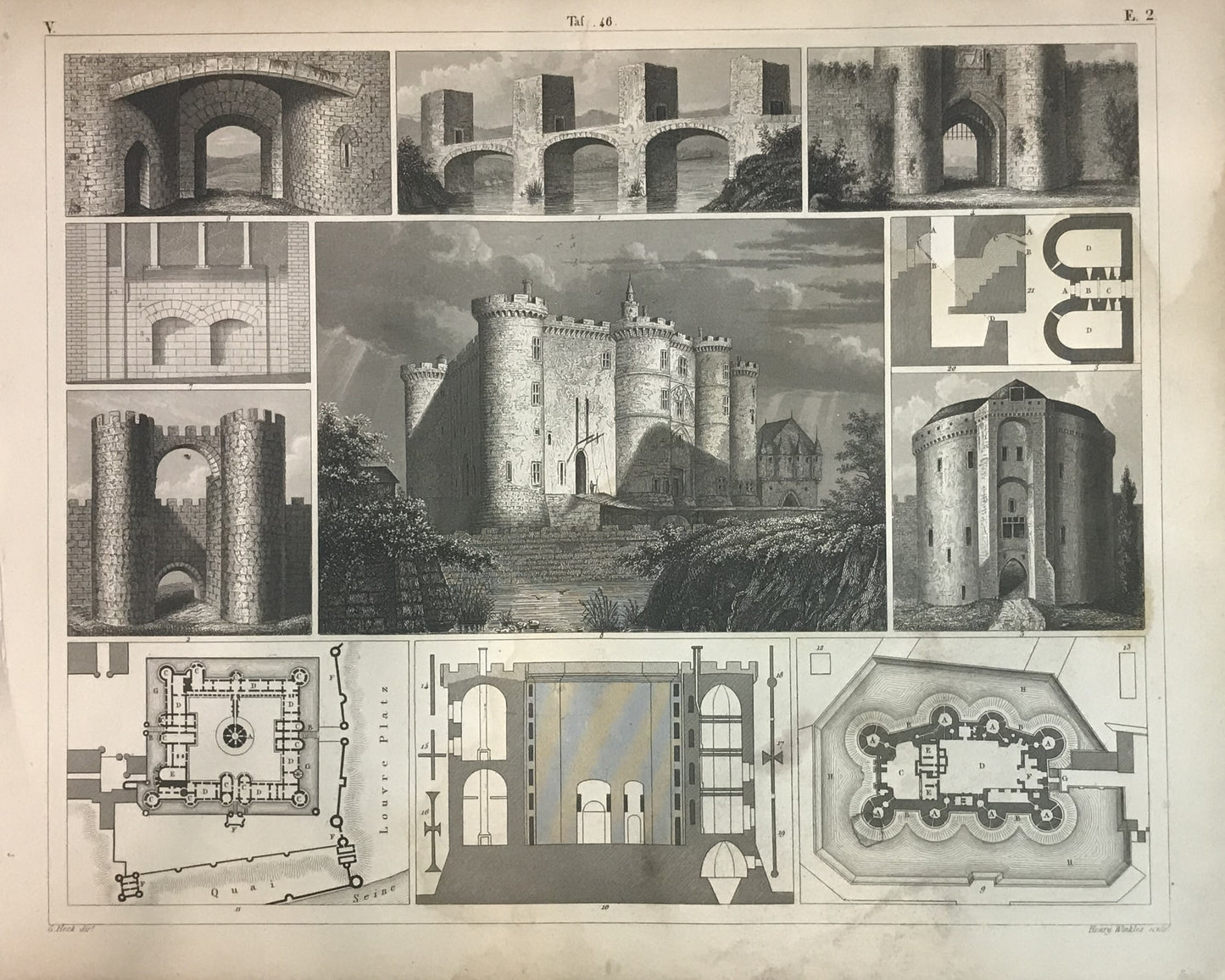 Iconographic Engravings – The Fine Arts (1851) Medieval Fortress Engraving by Henry Winkles – Architectural Plans and Castle Study, 19th Century