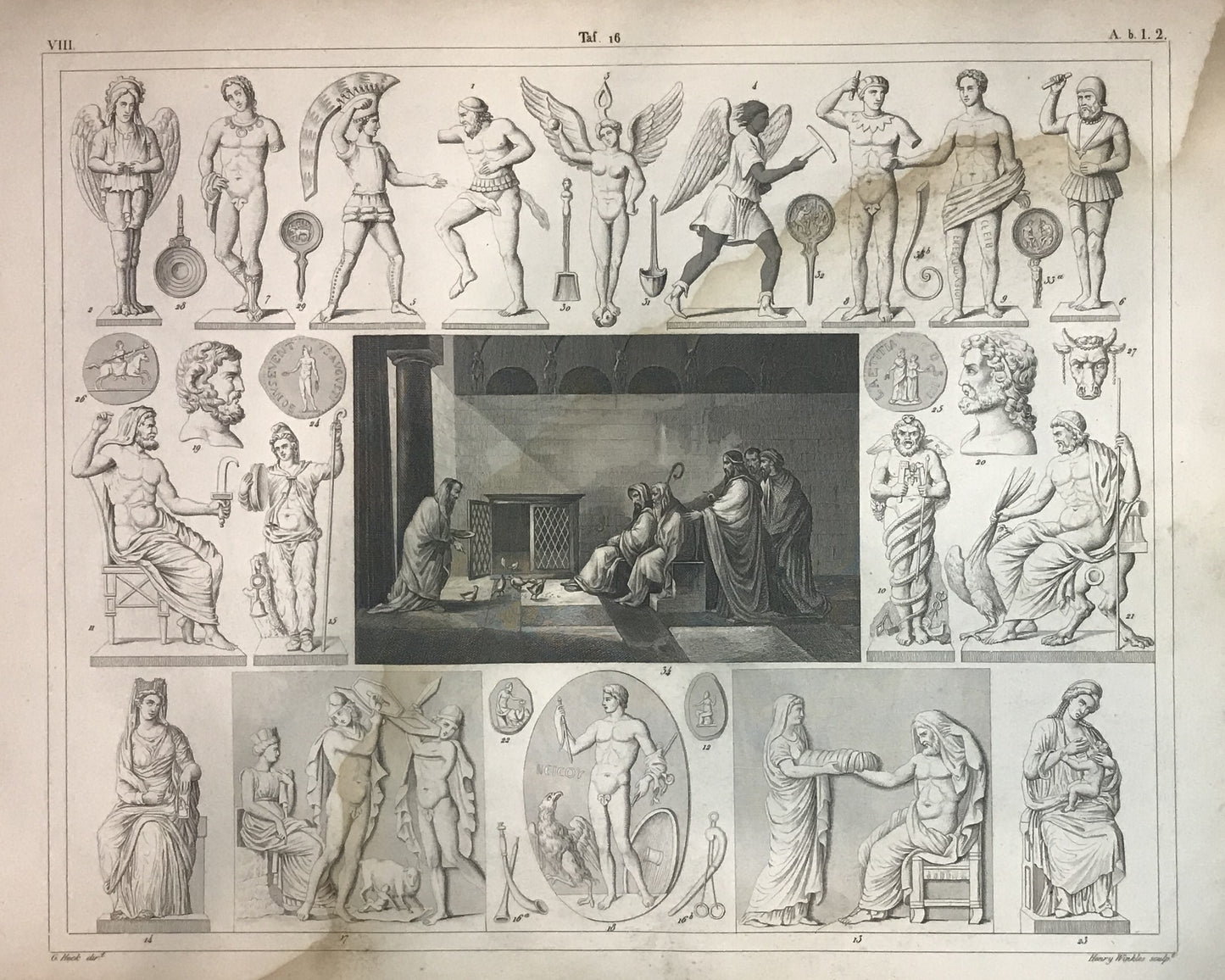 Iconographic Engravings – The Fine Arts (1851) Engraving of Ancient Greek and Roman Deities and Mythology - Classical Gods and Symbols