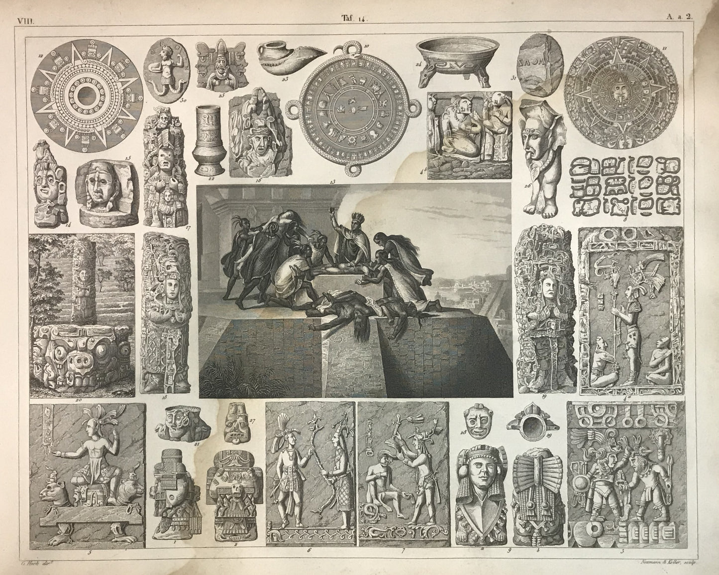 Iconographic Engravings – The Fine Arts (1851) Mesoamerican Ritual & Artifacts Engraving by Henry Winkles – Aztec and Mayan Culture, 19th Century