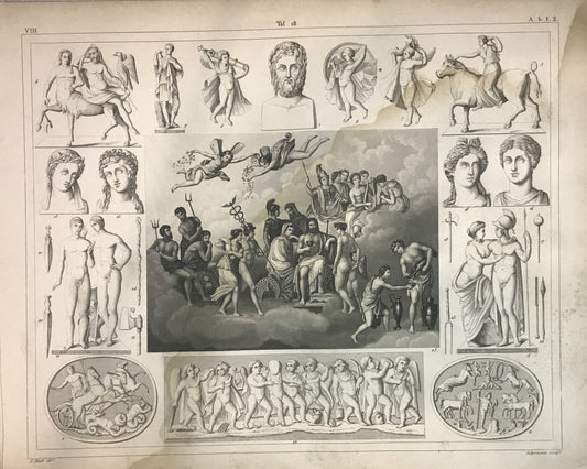 Iconographic Engravings – The Fine Arts (1851) Antique Greco-Roman Mythology Engraving Assembly of Gods & Heroes