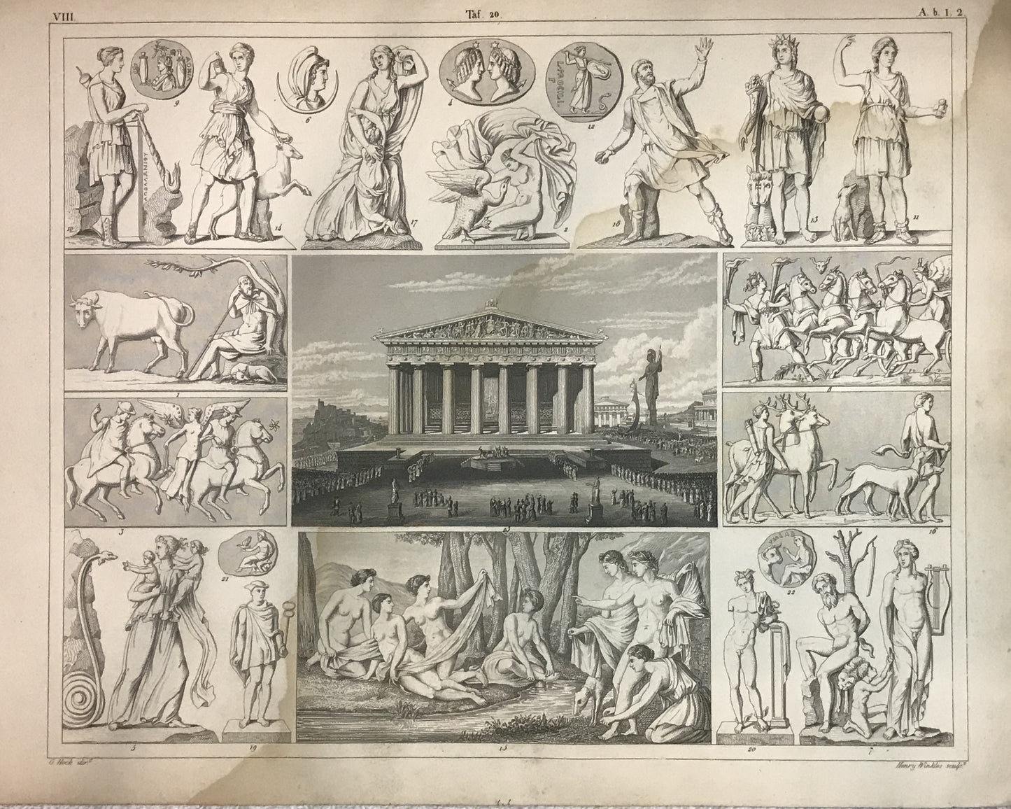 Iconographic Engravings – The Fine Arts (1851)  Greek Parthenon &amp; Mythology Engraving by Henry Winkles – 19th Century Classical