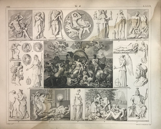 Iconographic Engravings – The Fine Arts (1851) Antique Mythological Engraving by Henry Winkles – 19th Century Greek & Roman Gods and Allegories