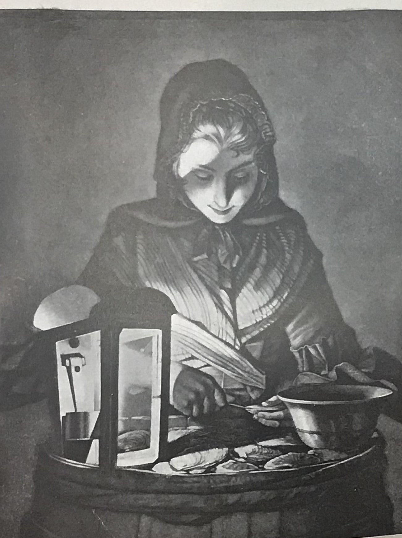 Vintage Black-and-White Print – "Woman by Lantern" Engraving