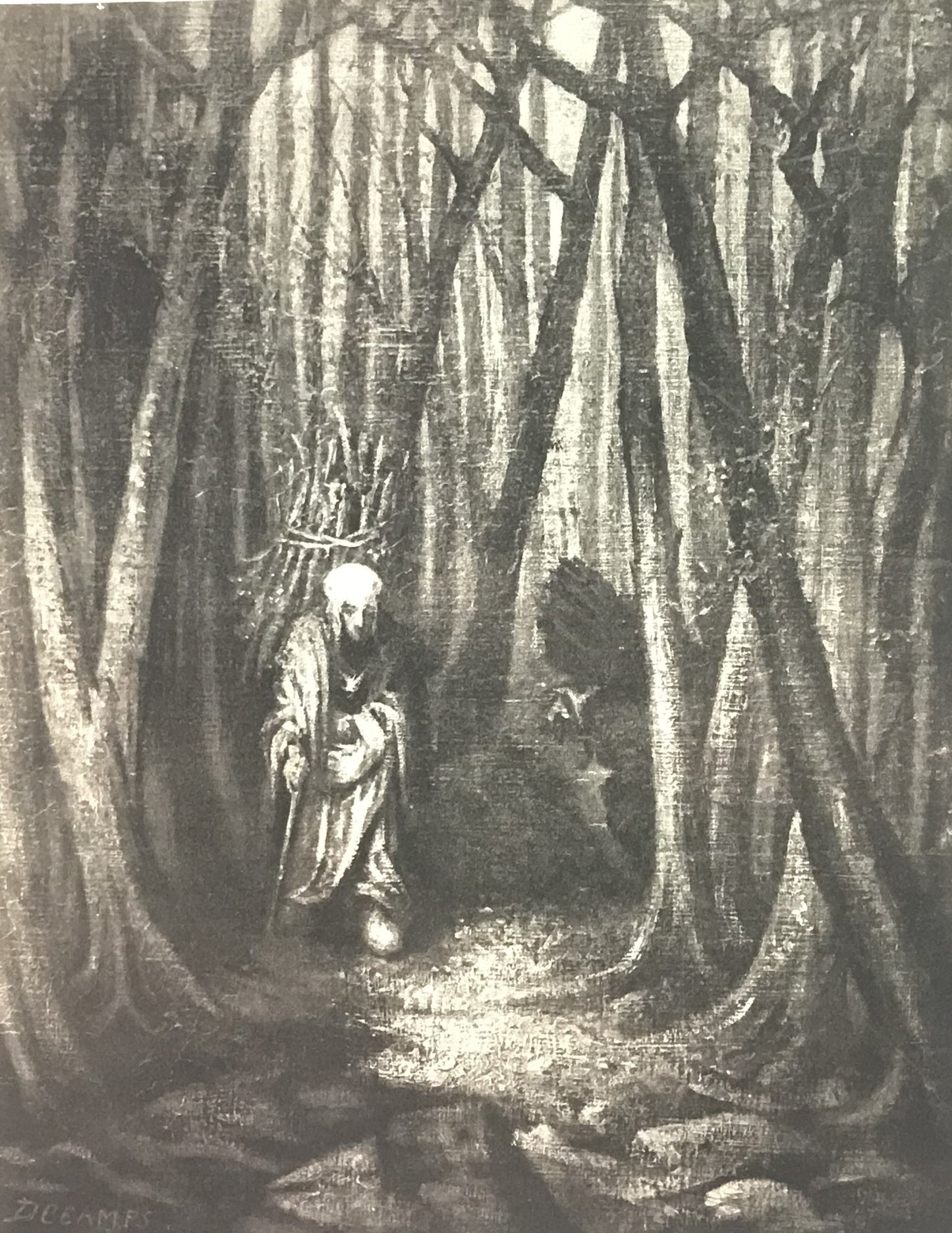 Vintage Black-and-White Print – "Old Man in the Forest" by Decamps