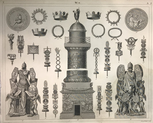 Iconographic Engravings – The Fine Arts (1851) Roman Military Symbols Engraving by Henry Winkles – 19th Century Imperial Standards &amp; Victory Column