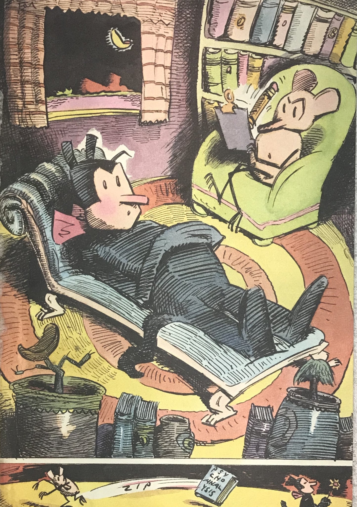 Quirky Comic Illustration - Mouse Therapist and Vampire on Couch