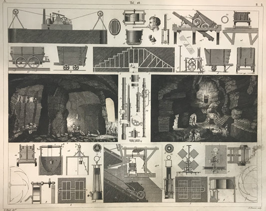 Iconographic Engravings – The Fine Arts (1851 )Mining Technology Engraving by Henry Winkles – 19th Century Industrial Machinery & Underground Operations