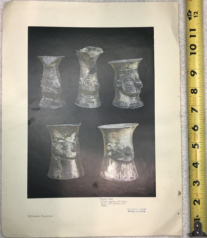 Vintage Print of Moche Peruvian Silver Vessels with Deities - Pre-Incan Artifact Reproduction