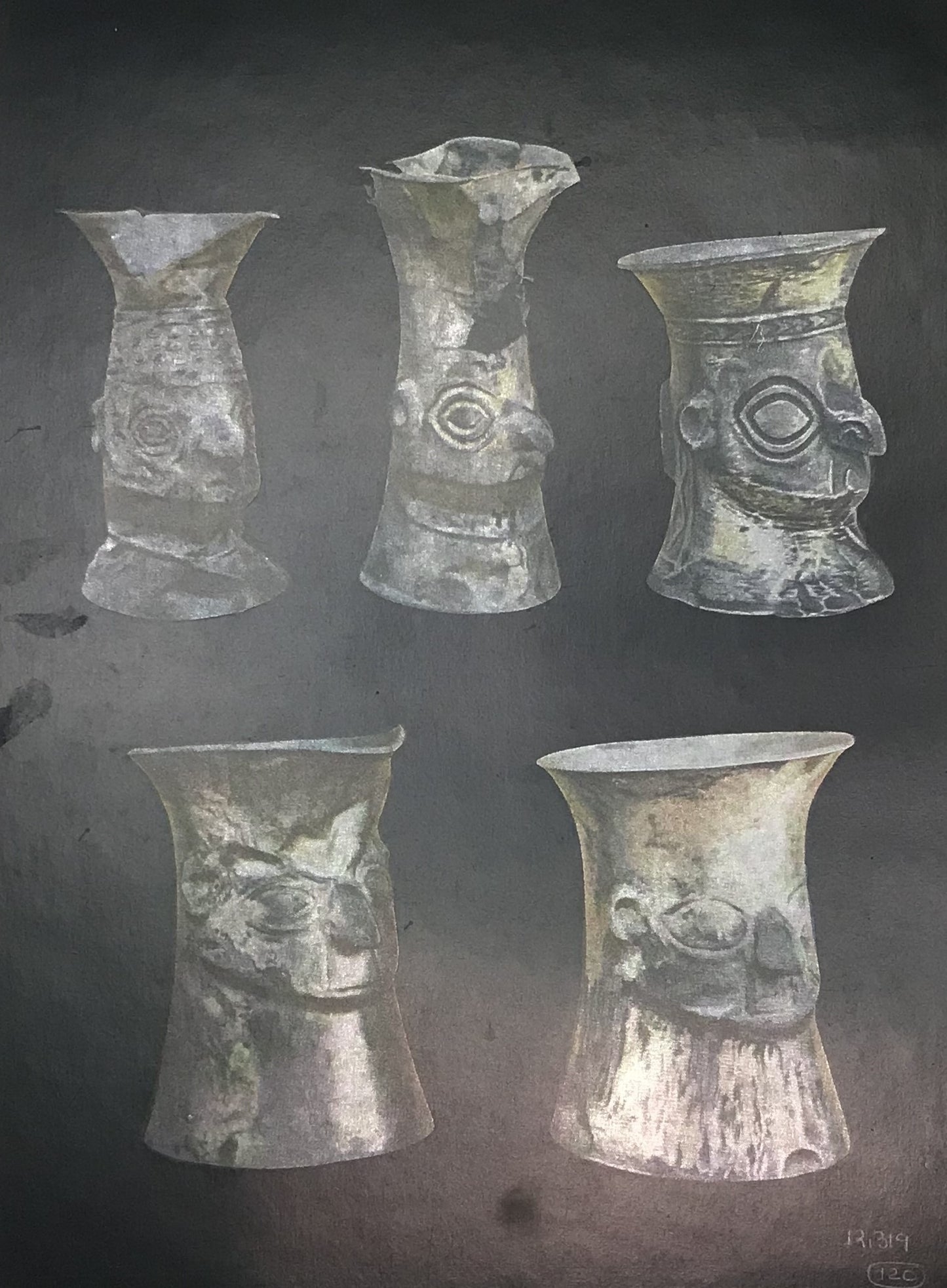 Vintage Print of Moche Peruvian Silver Vessels with Deities - Pre-Incan Artifact Reproduction