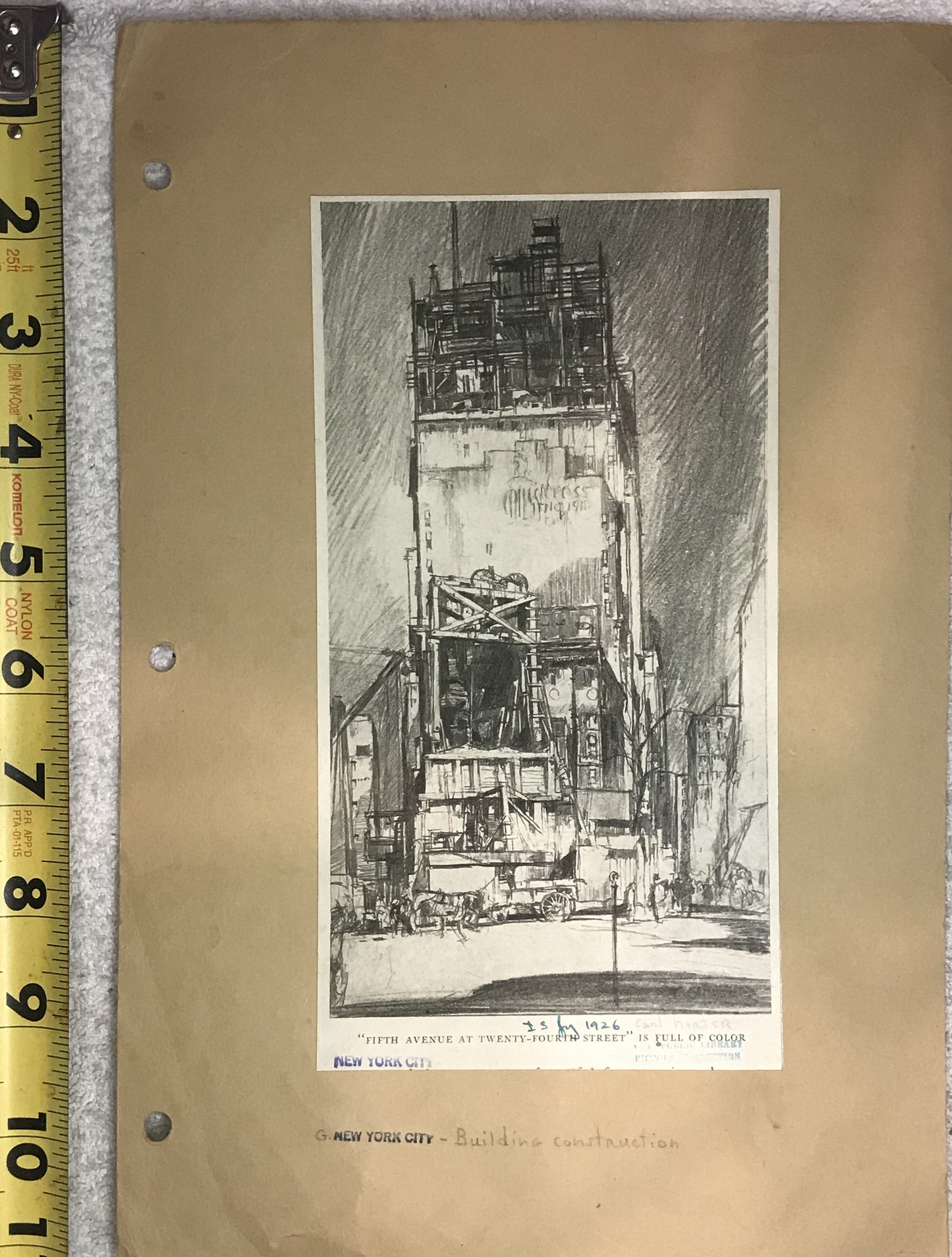 Original 1926 Charcoal Sketch by Earl Horter - "Fifth Avenue at Twenty-Fourth Street is Full of Color" NYC Construction Scene (Signed)