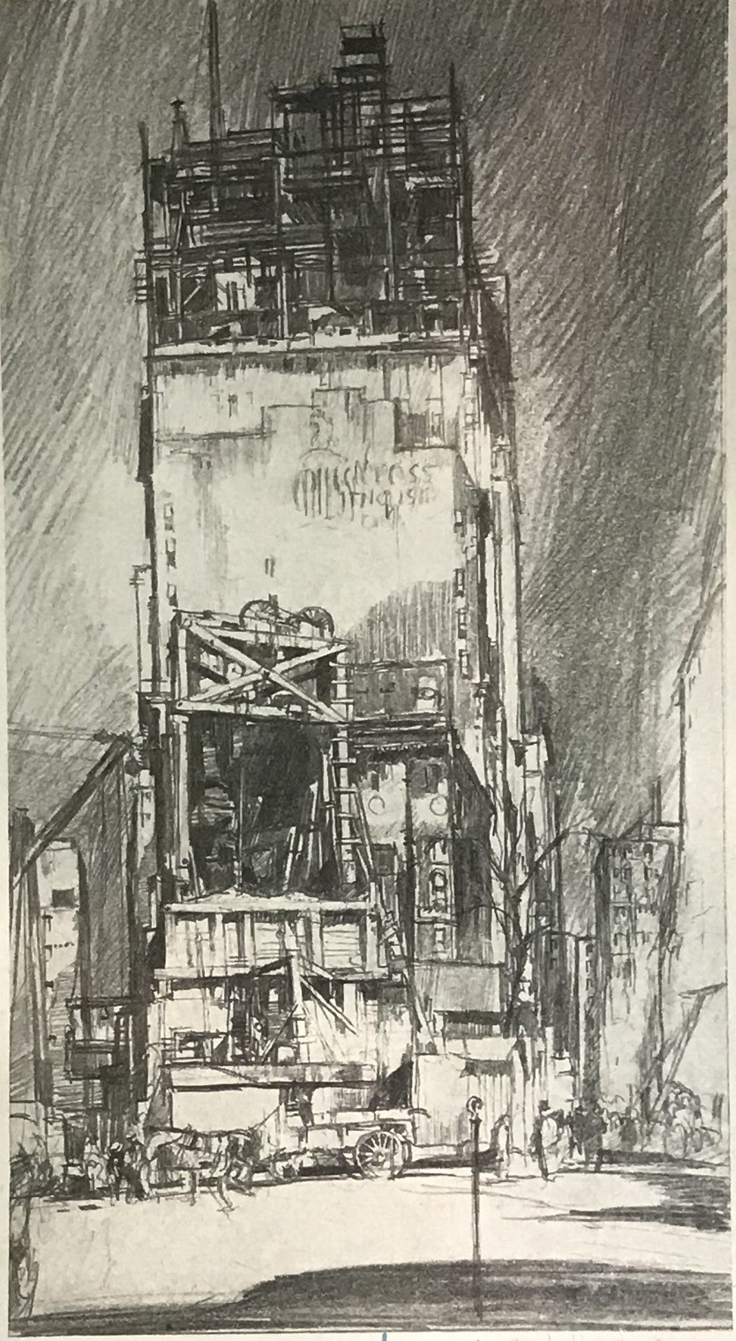 Original 1926 Charcoal Sketch by Earl Horter - "Fifth Avenue at Twenty-Fourth Street is Full of Color" NYC Construction Scene (Signed)