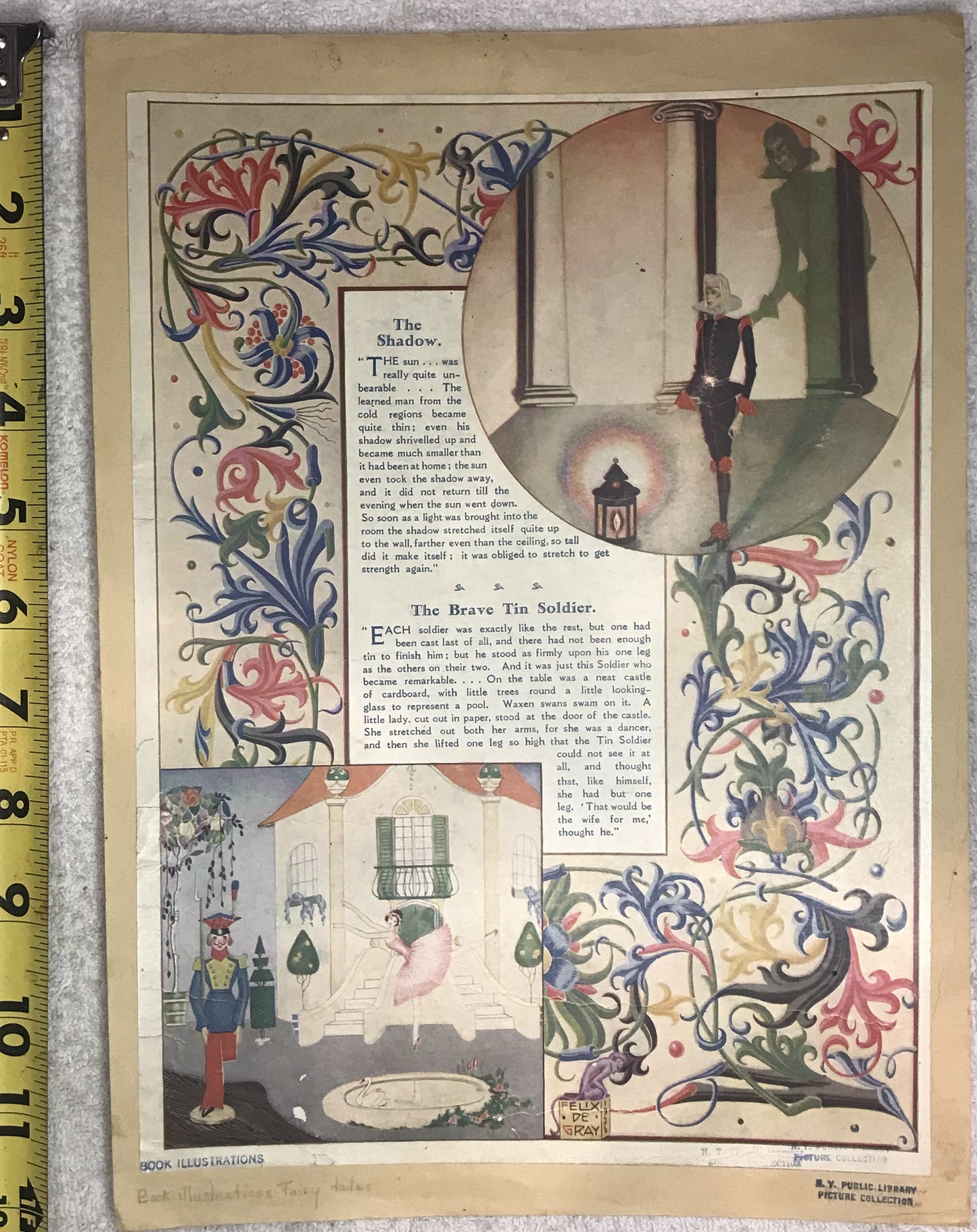 Vintage Felix de Gray Illustrated Page – "The Shadow" and "The Brave Tin Soldier"