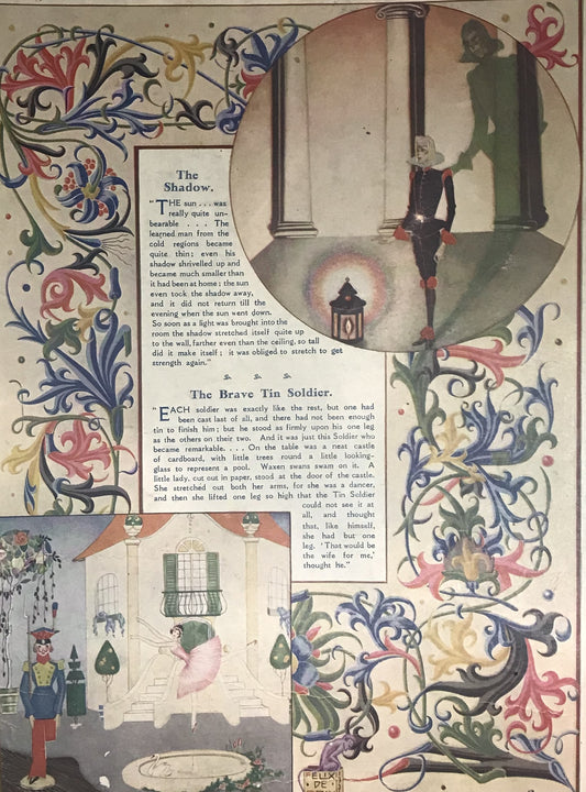 Vintage Felix de Gray Illustrated Page – "The Shadow" and "The Brave Tin Soldier"