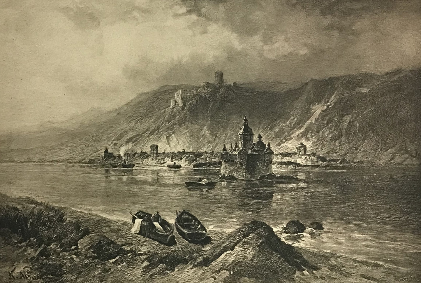 Antique Engraving of "Caub und Die Pfalz" - German Castle Scene on the Rhine River