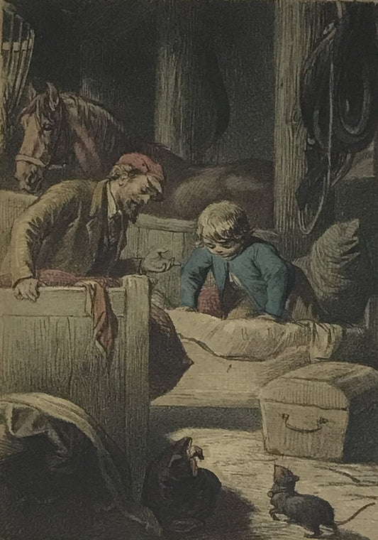 Vintage Hand-Colored Engraving – Father and Child in the Stable