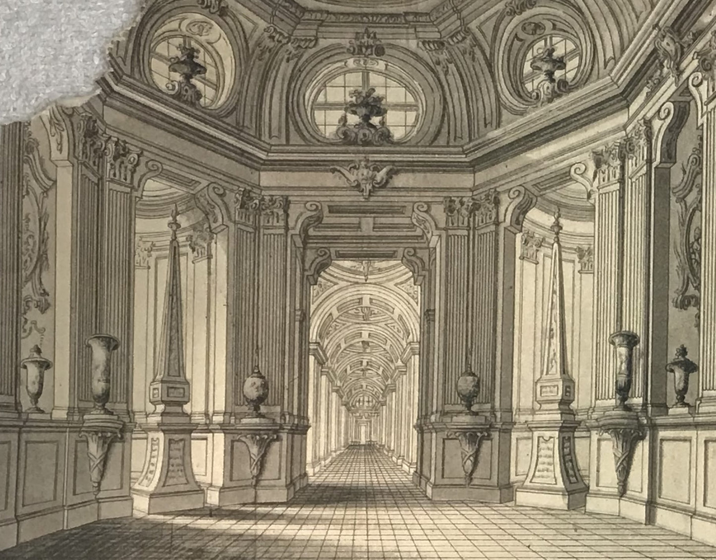 Antique Architectural Engraving - Ornate Hallway Scene