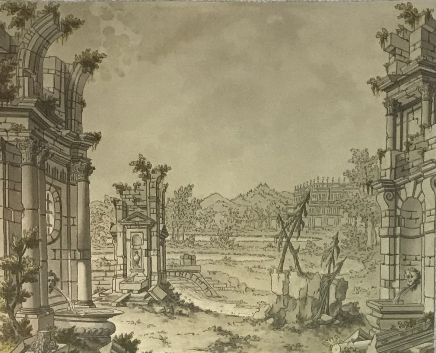 Antique Architectural Ruins Sketch - Classical European Scene