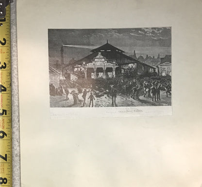 Vintage Engraving of Crowded Railway Station Scene – Historical Art Print