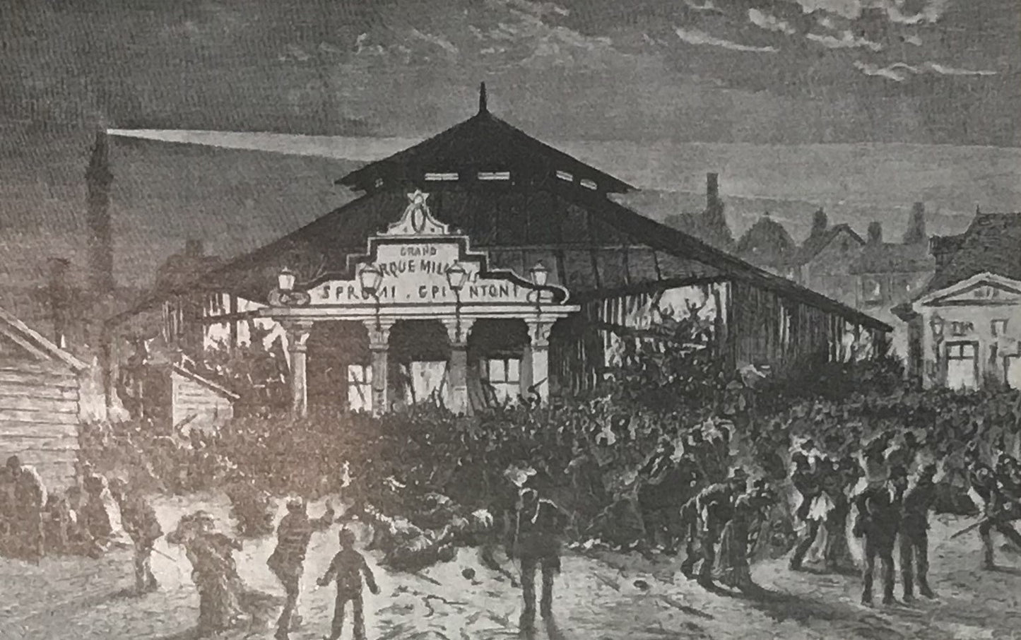 Vintage Engraving of Crowded Railway Station Scene – Historical Art Print