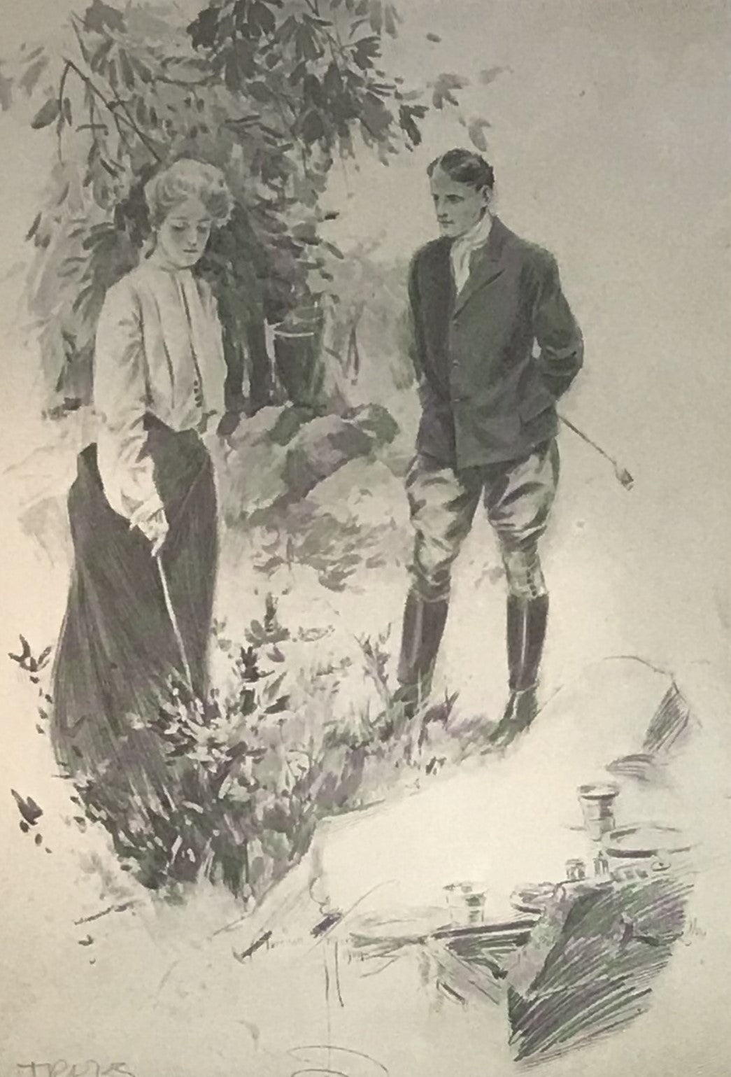 Vintage Illustration of a Gentleman and Lady Engaged in Conversation – 1920s