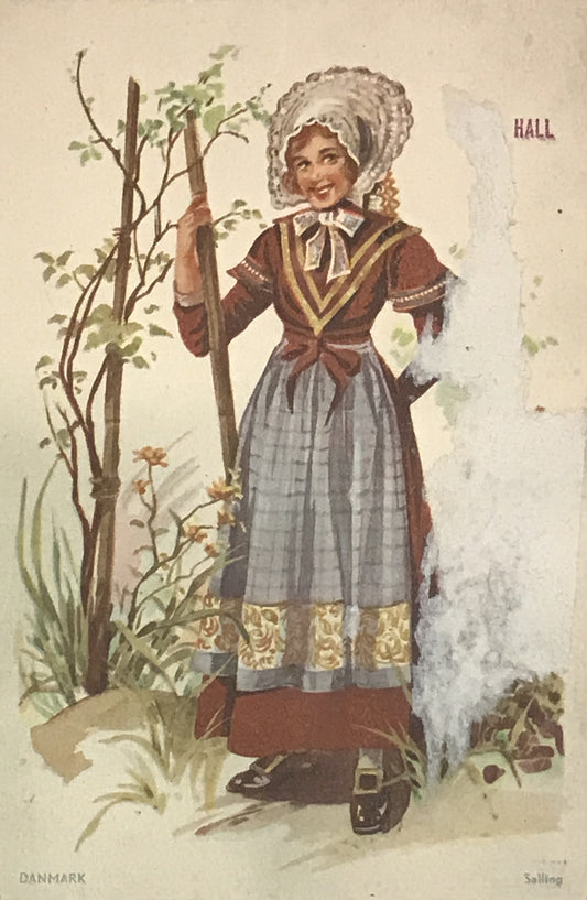 Vintage Danish Folk Costume Postcard – Salling Denmark, Unused, New York Public Library Collection