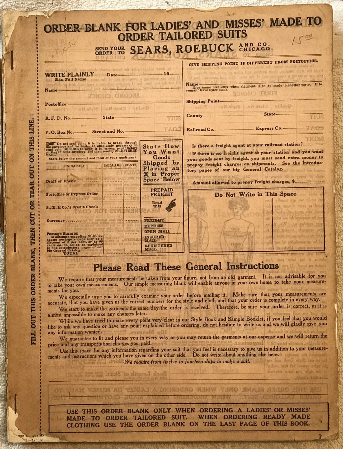 Order Blank for Ladies' and Misses' Made to Order Tailored Suits from Sears, Roebuck and Co., Chicago