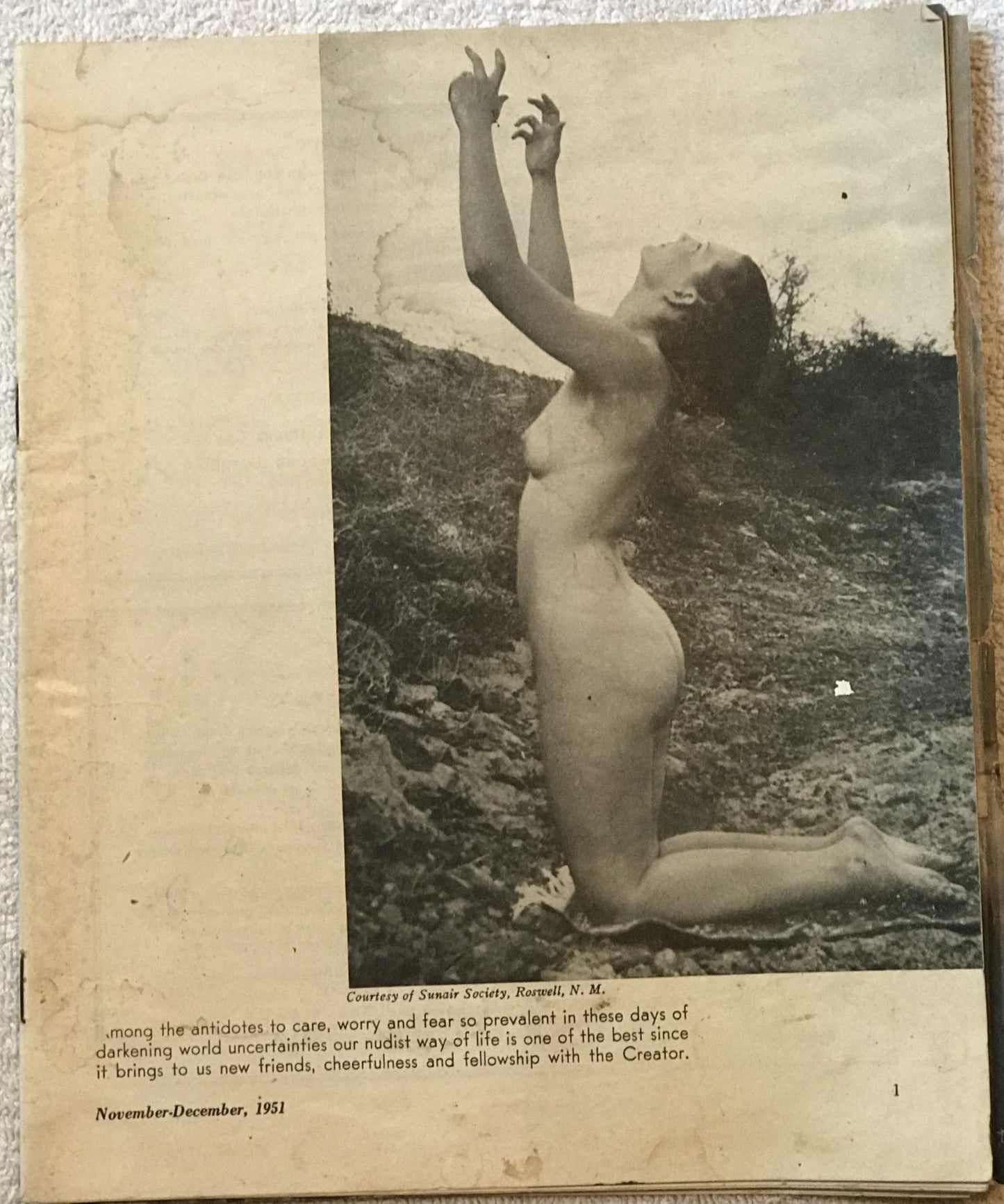 Sunsair Society November-December 1951 publication that features a black-and-white photograph of a nude woman in a natural setting