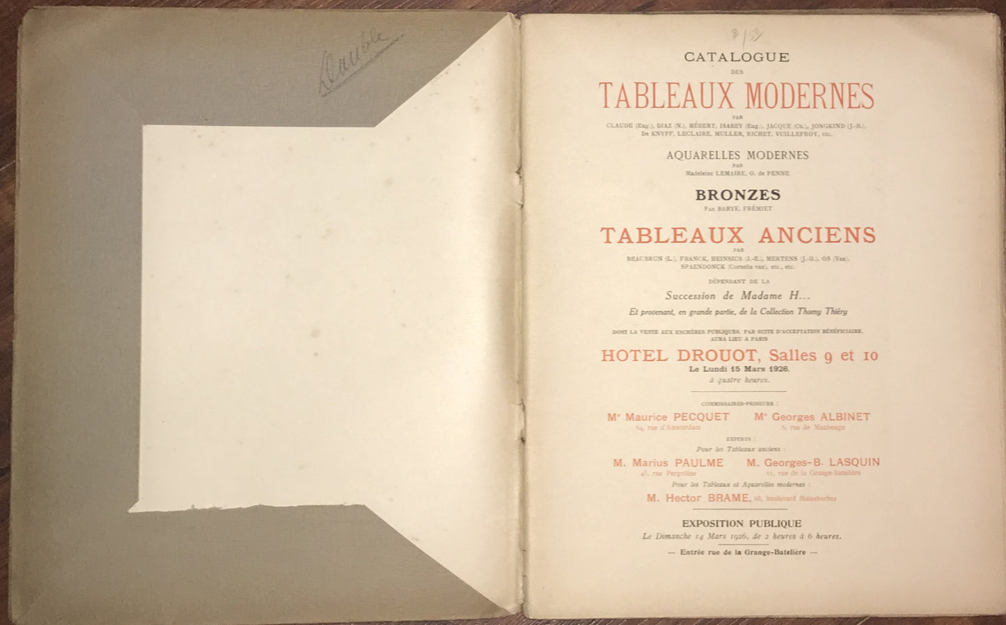 Tableaux Modernes et Anciens - March 1926 Auction Catalog, Succession de Madame H.