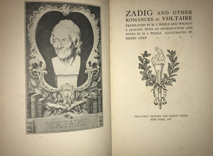 Zadig and Other Romances by Voltaire, privately printed for Rarity Press by H. I. Wolf and Wilfrid S. Jackson illustrations are by Henry Keen.